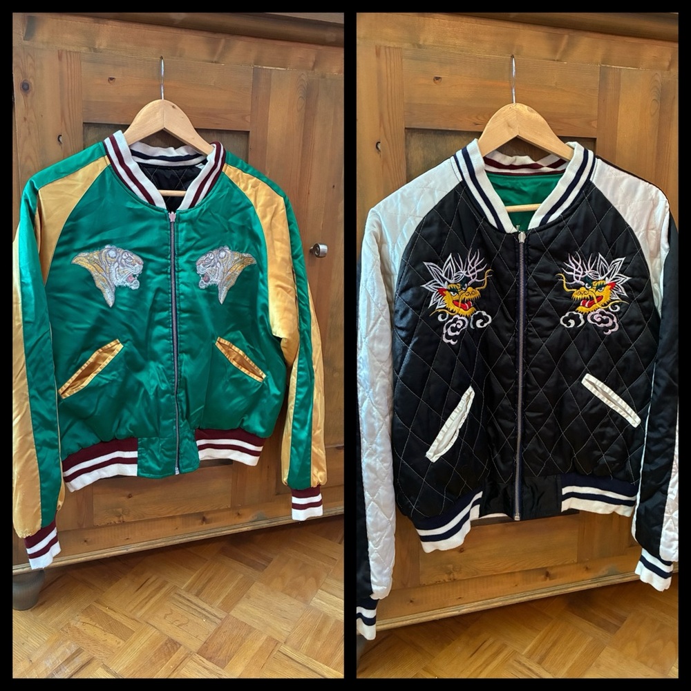 Reversible Green and Black 90s Japanese Souvenir Jacket